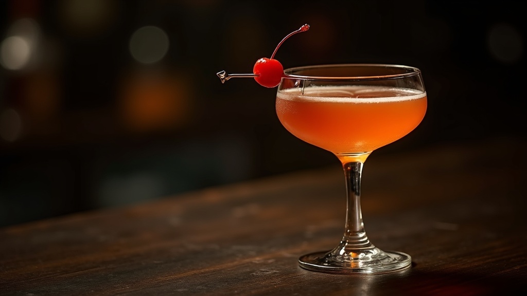 Bijou cocktail in a coupe glass, amber-green hue with cherry garnish, moody professional lighting