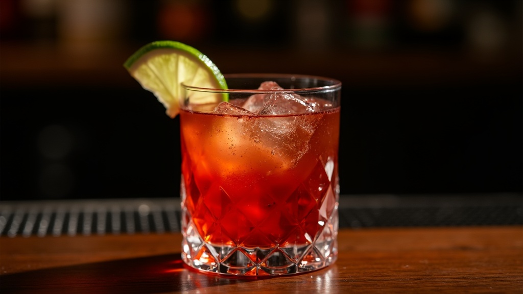 La Pistola cocktail in a coupe glass showing the dark amber color from tequila and coffee liqueur with mezcal rinse