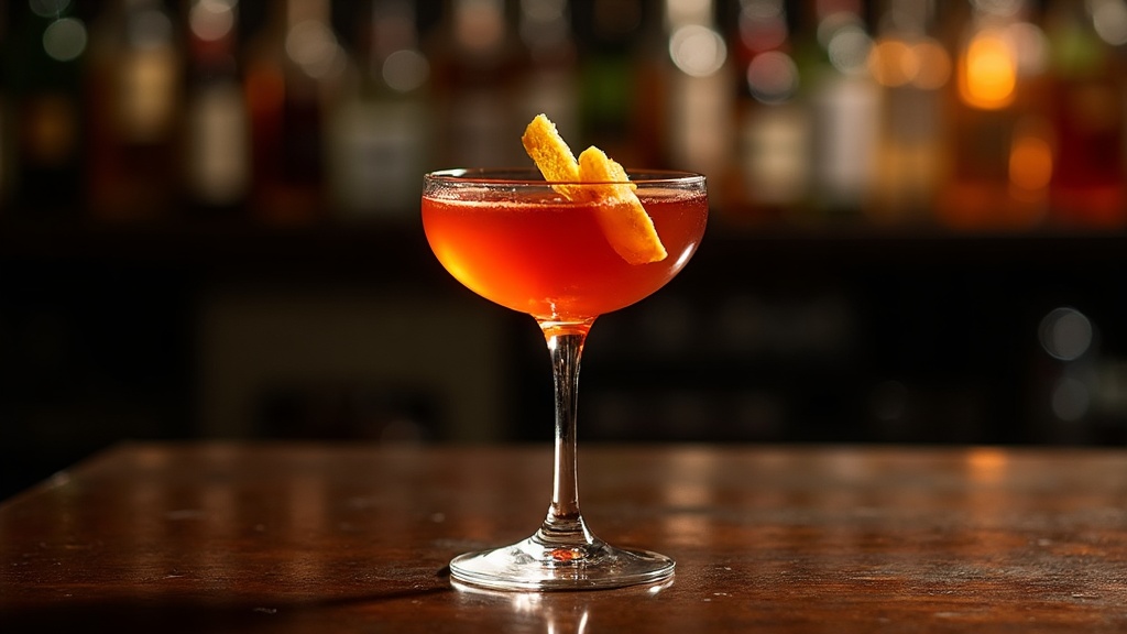 Eleanor Roosevelt cocktail in a coupe glass, deep amber, moody chiaroscuro lighting on wooden surface