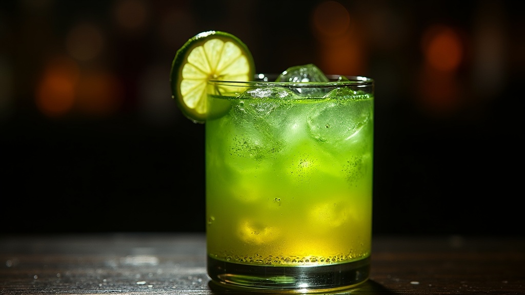 Chartreuse Tonic in a highball glass with ice, vivid green-yellow color, lime wedge