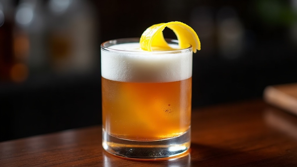 Fresh House Sour in a rocks glass over ice with frothy white egg white foam top and lemon twist
