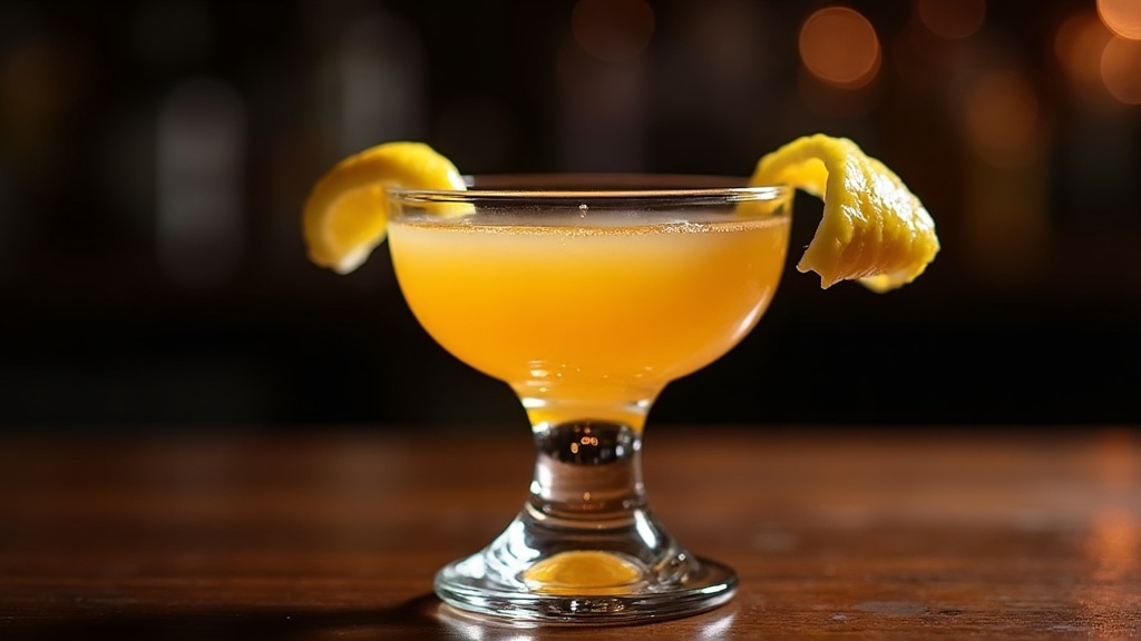 Little Devil cocktail in a coupe glass, pale gold, lemon twist garnish, dramatic lighting