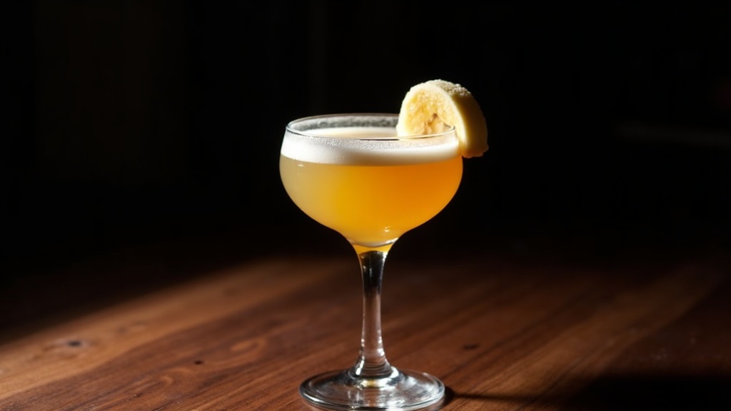 Tequila Banana cocktail in a coupe glass, pale gold-yellow, elegant professional lighting