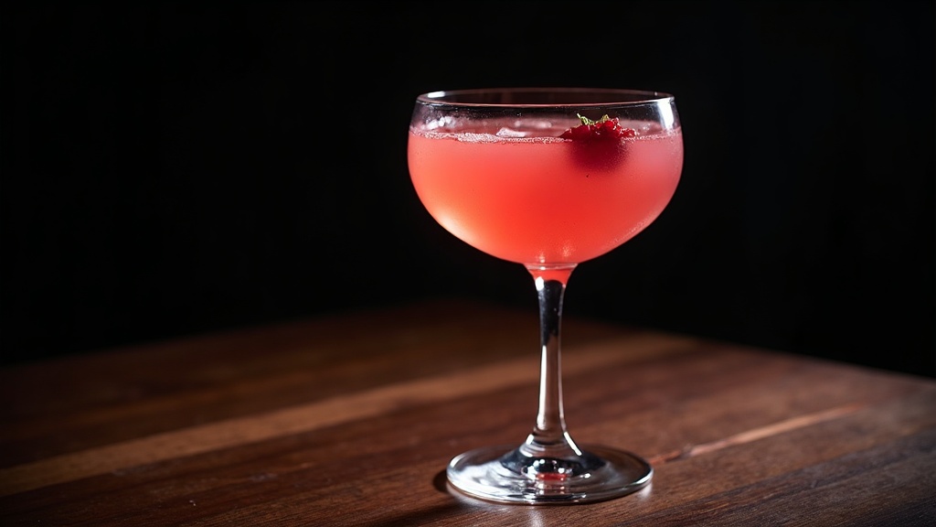 Sorrel Gimlet in a coupe glass, pale pink-red hibiscus color, dramatic chiaroscuro lighting