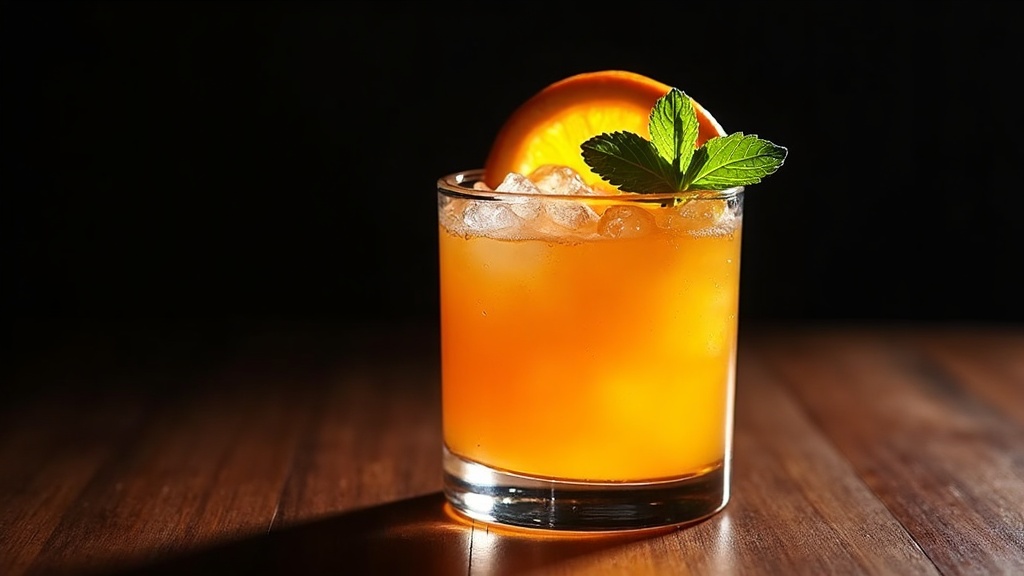 POG Grog tropical punch in a rocks glass over crushed ice, bright orange-yellow passion fruit color