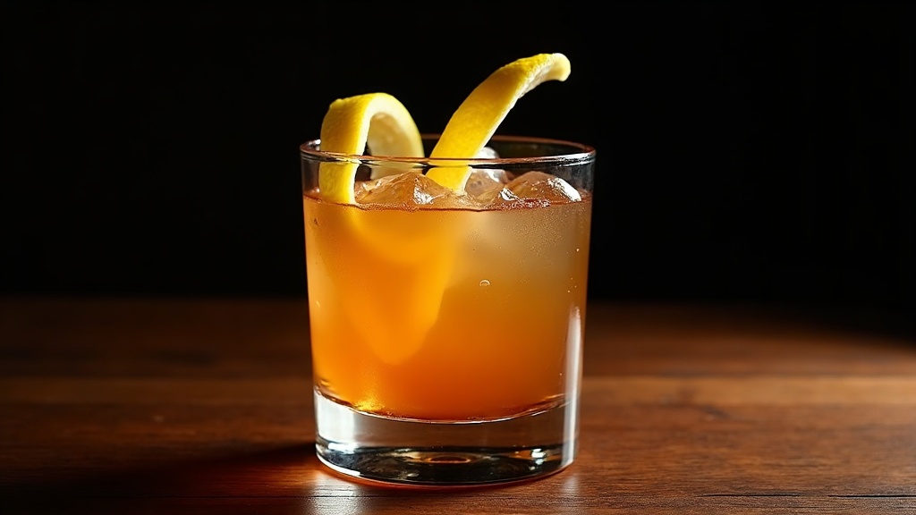 Peach Brandy Sazerac in a rocks glass, no ice, amber-gold with lemon peel twist