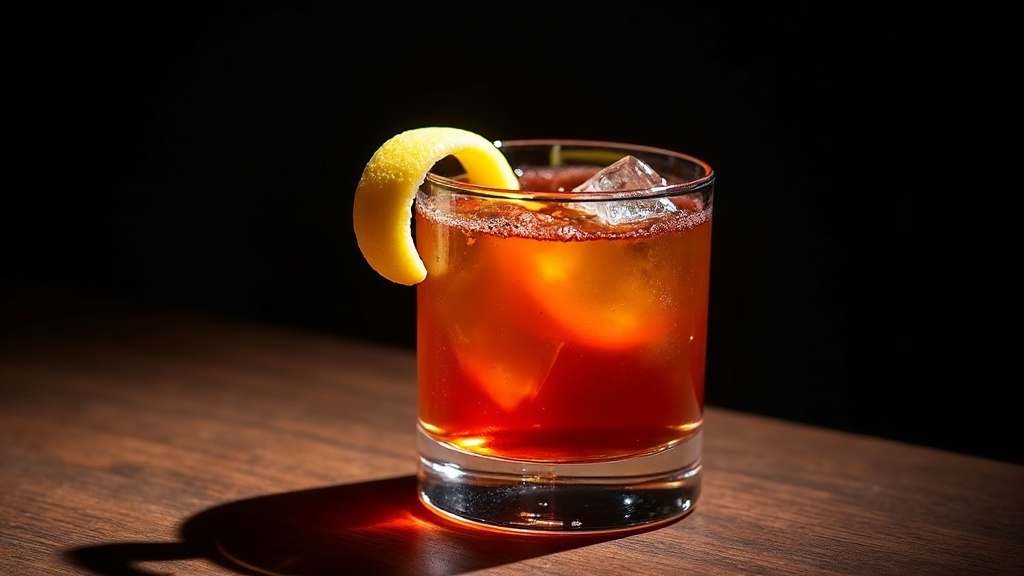 Classic Sazerac in a rocks glass, no ice, amber-red with Peychaud's bitters, lemon peel