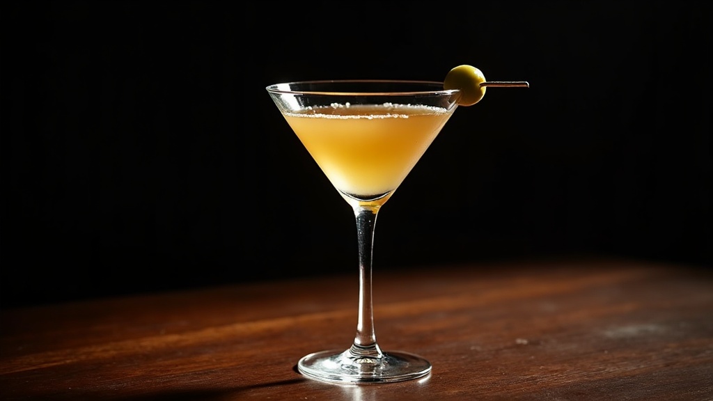 Martini de Jerez in a classic V-shaped martini glass, pale gold sherry-style, green olive garnish