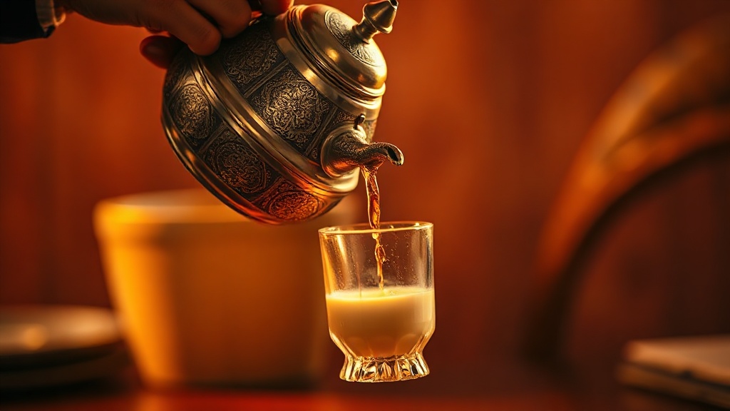 Geste de verser le thé à la menthe de haut pour créer la mousse traditionnelle