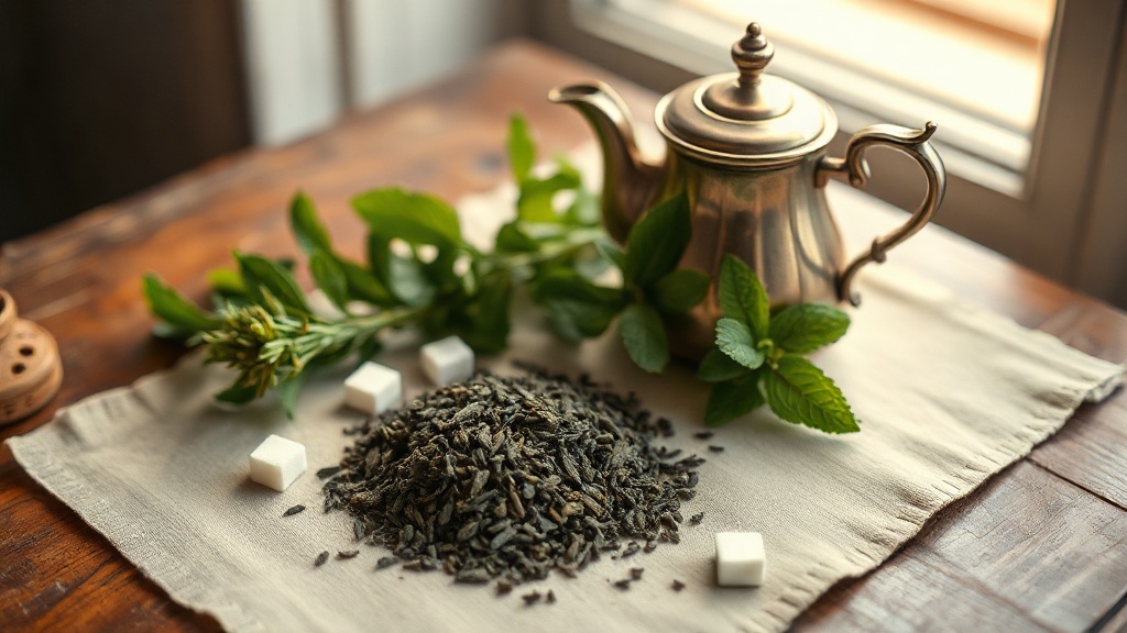 Ingrédients du thé à la menthe : thé vert gunpowder en billes, menthe fraîche et sucre blanc