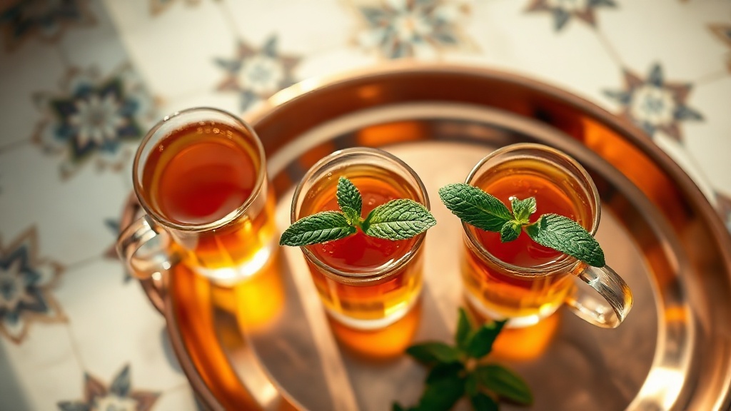 Trois verres de thé à la menthe servis sur un plateau marocain avec brins de menthe fraîche