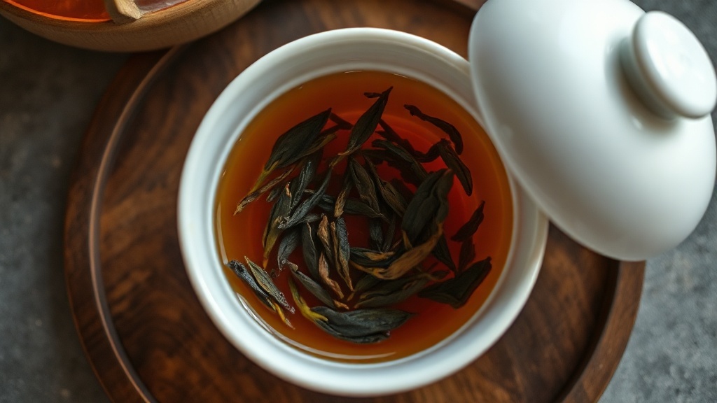 Feuilles d'oolong déployées dans un gaiwan en porcelaine après plusieurs infusions
