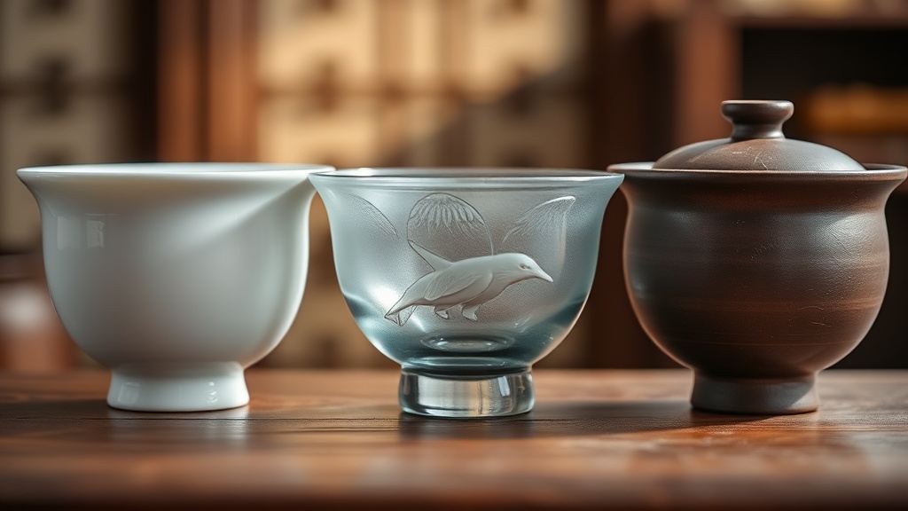 Trois gaiwans en porcelaine blanche, verre et argile Yixing comparés côte à côte