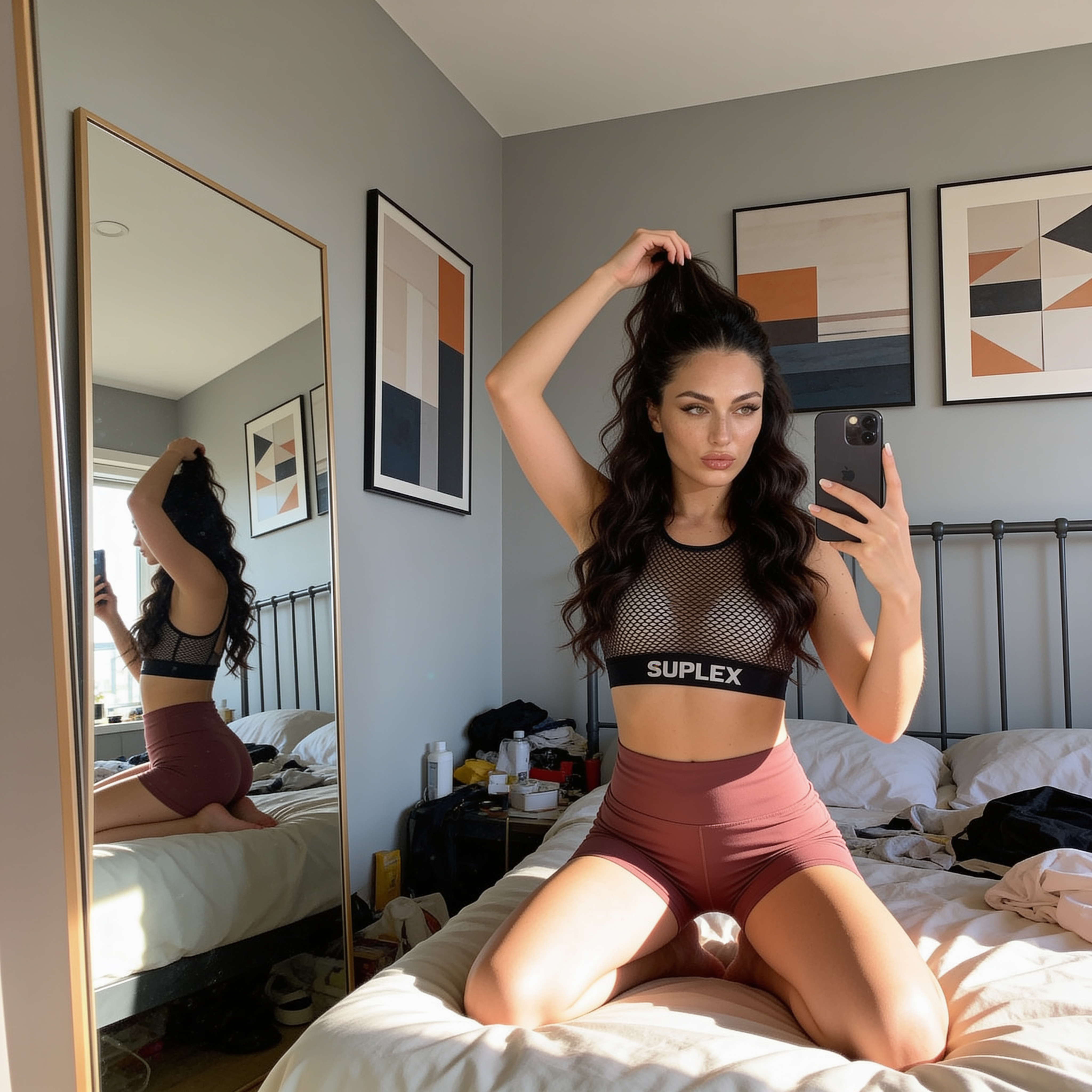 Realistic Kneeling Woman Bedroom Mirror Selfie