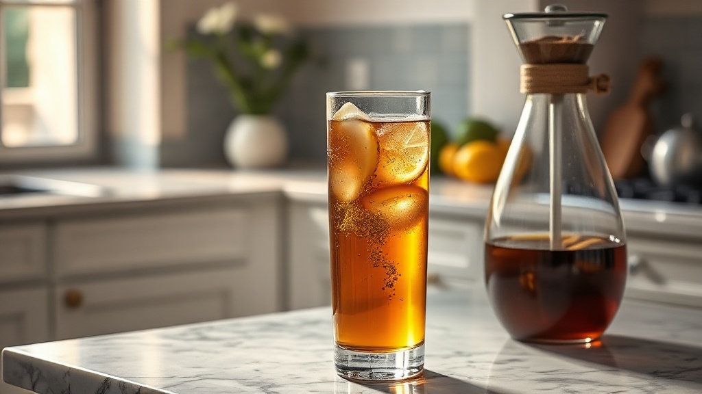 Verre de cold brew thé citron avec zeste et bouteille infuseur en verre sur marbre