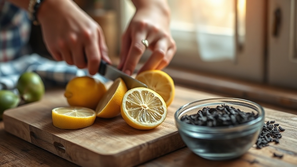Citrons frais coupés et feuilles de thé noir en vrac sur une planche en bois