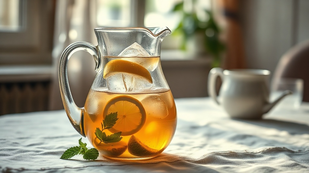 Pichet de thé glacé citron avec glaçons et rondelles de citron sur nappe en lin