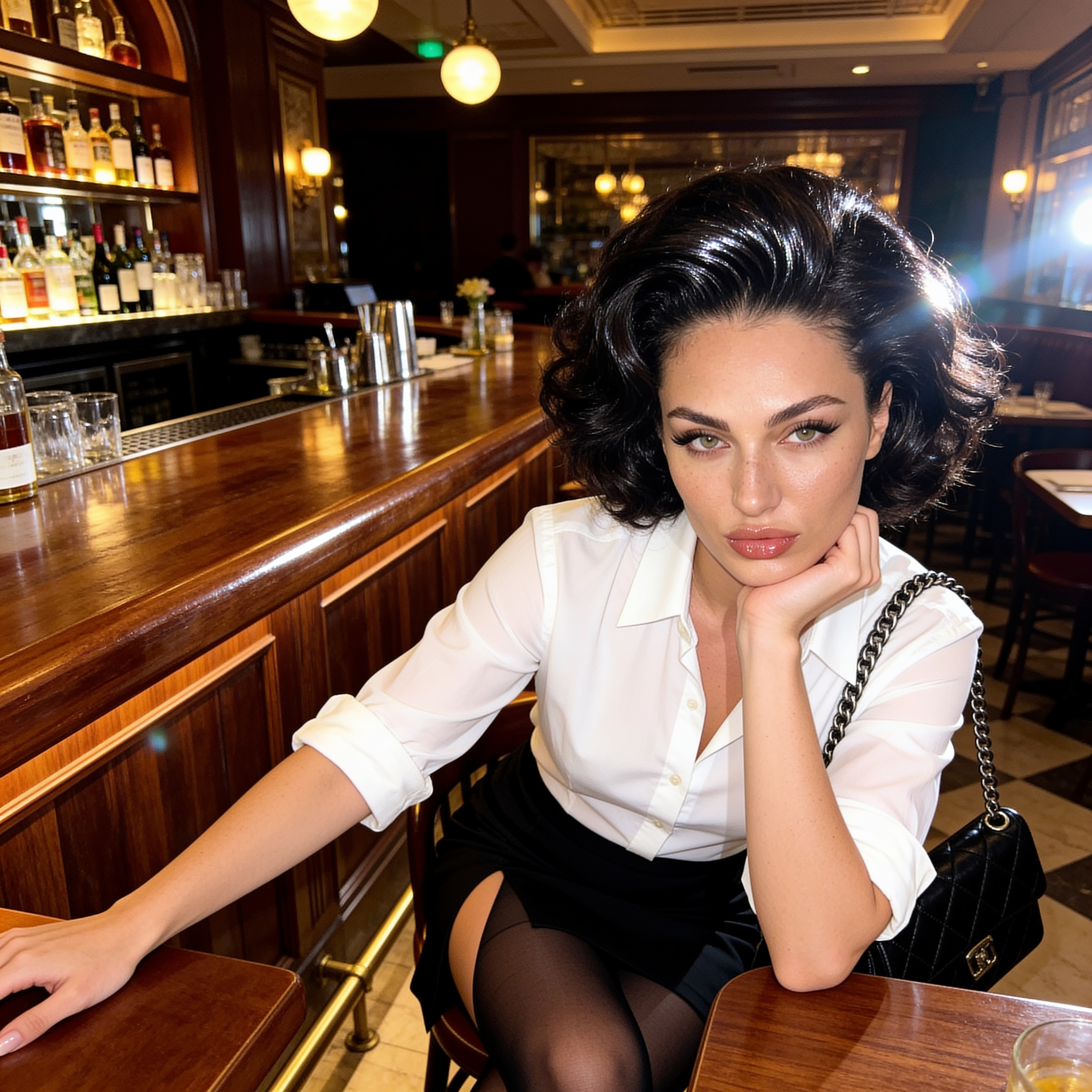 Girl White Shirt Black Skirt Luxury Restaurant Bar Counter