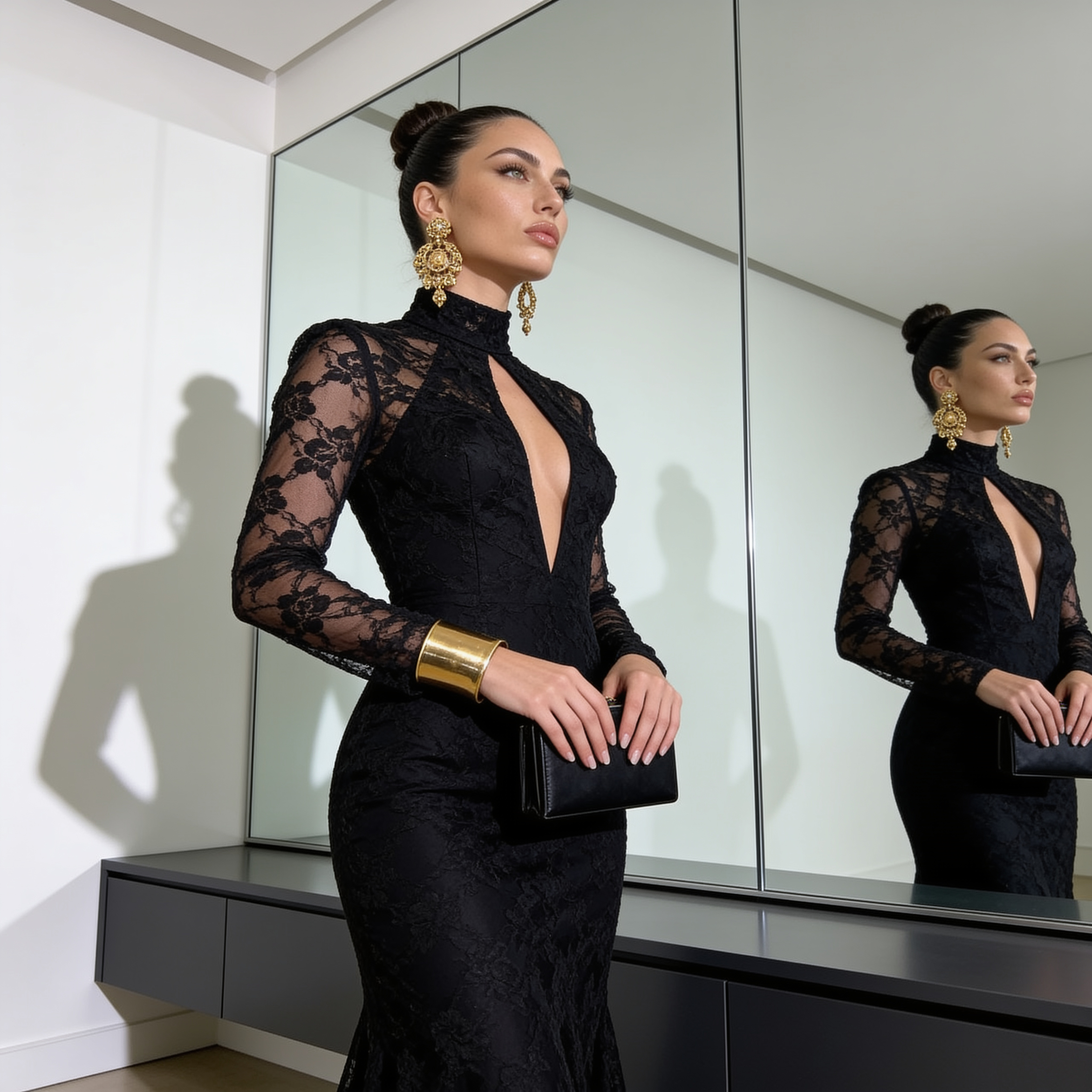 Elegant Woman Black Lace Gown Gold Jewelry Mirror