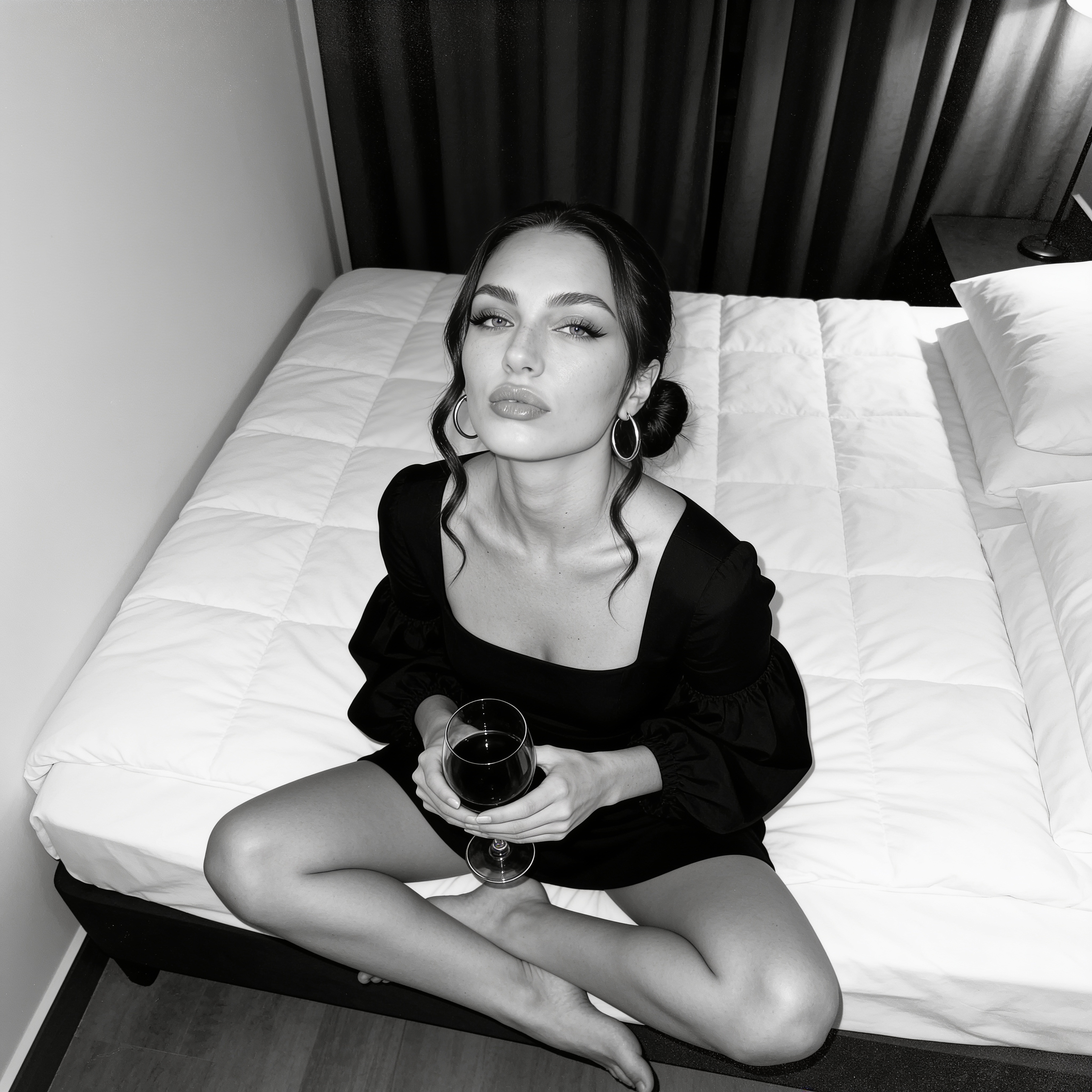 Girl Hotel Room Wine Glass Black Dress Above Shot