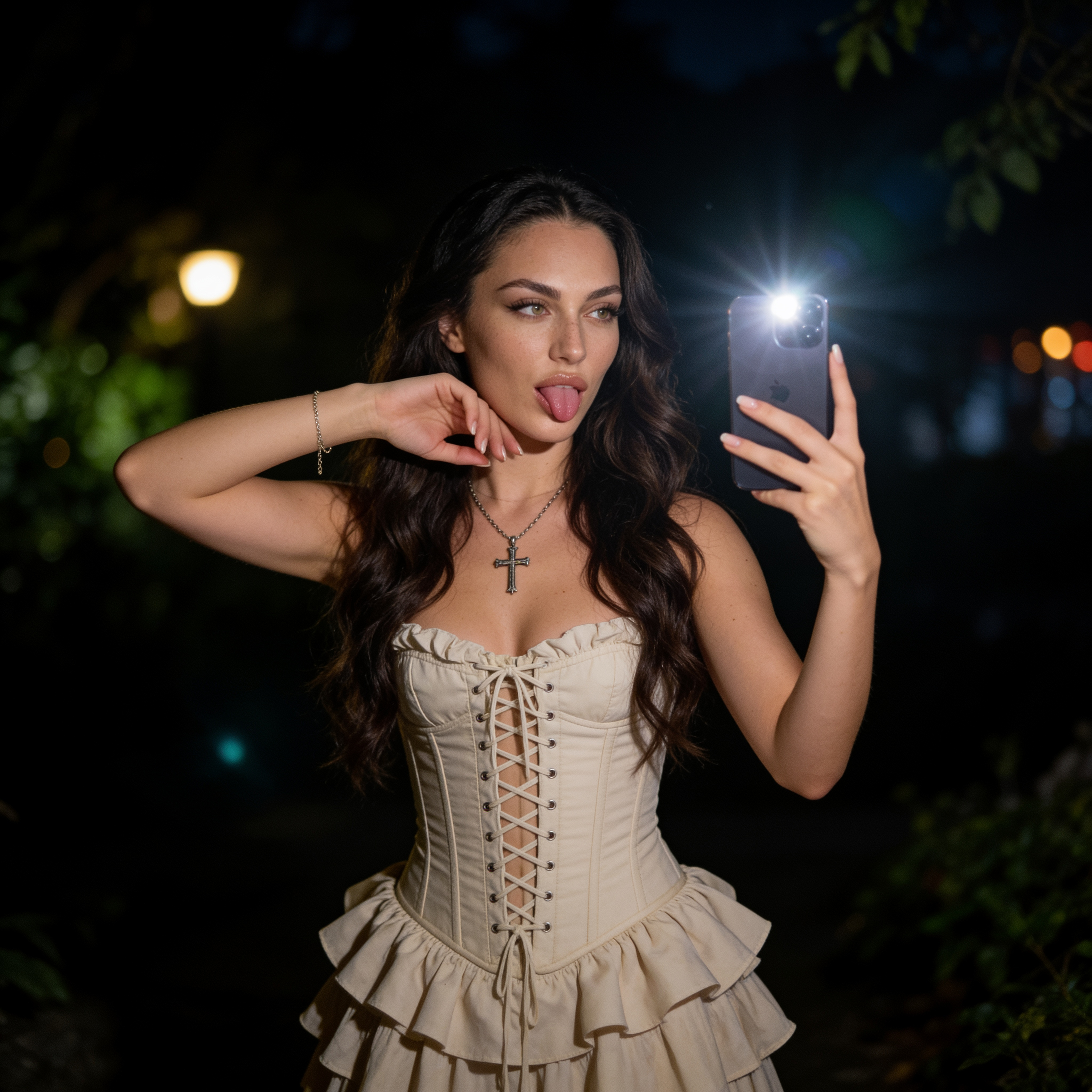 Corset Skirt Night Flash Portrait Blurred Lights