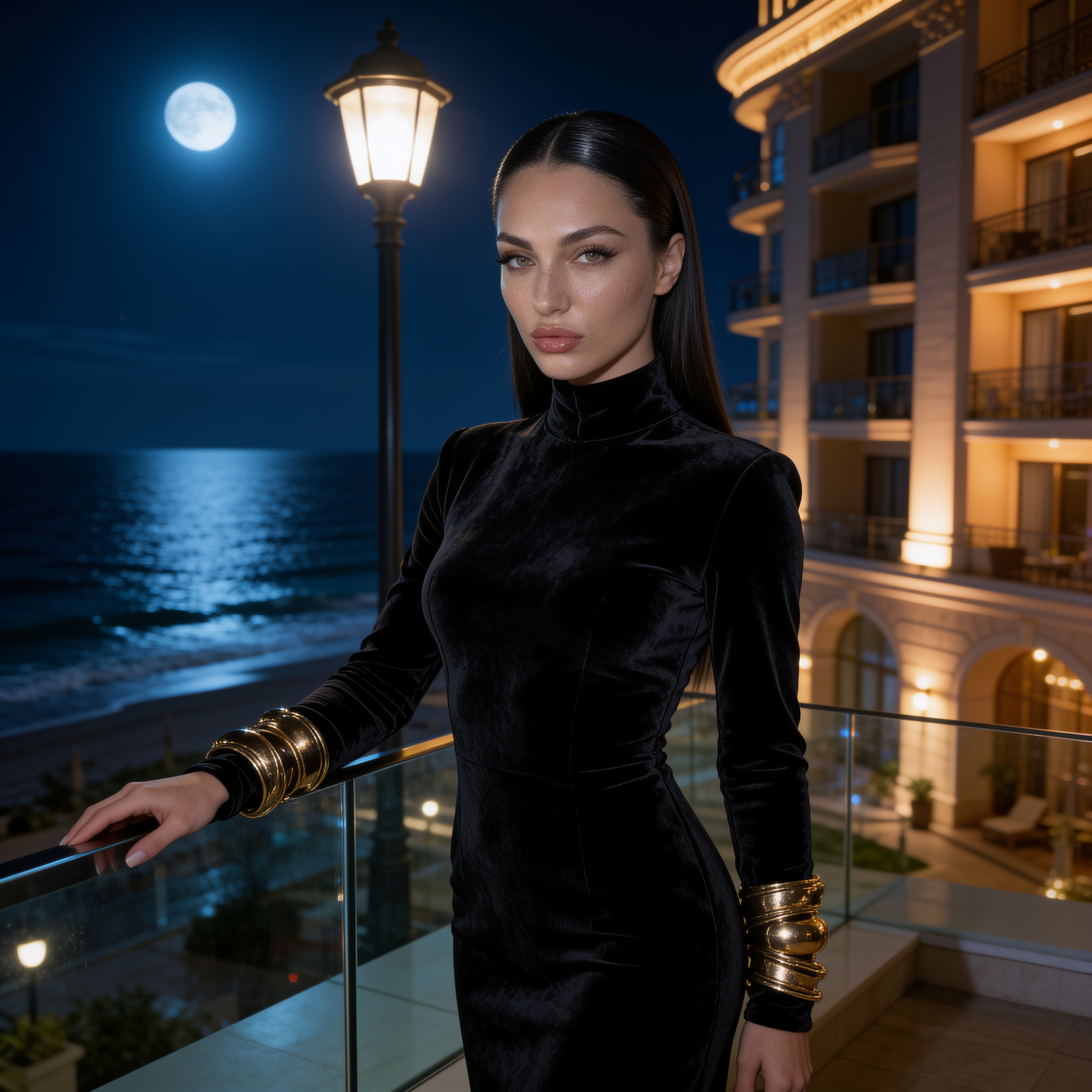 Luxury Hotel Terrace Night Sea Velvet Dress Gold Bracelets