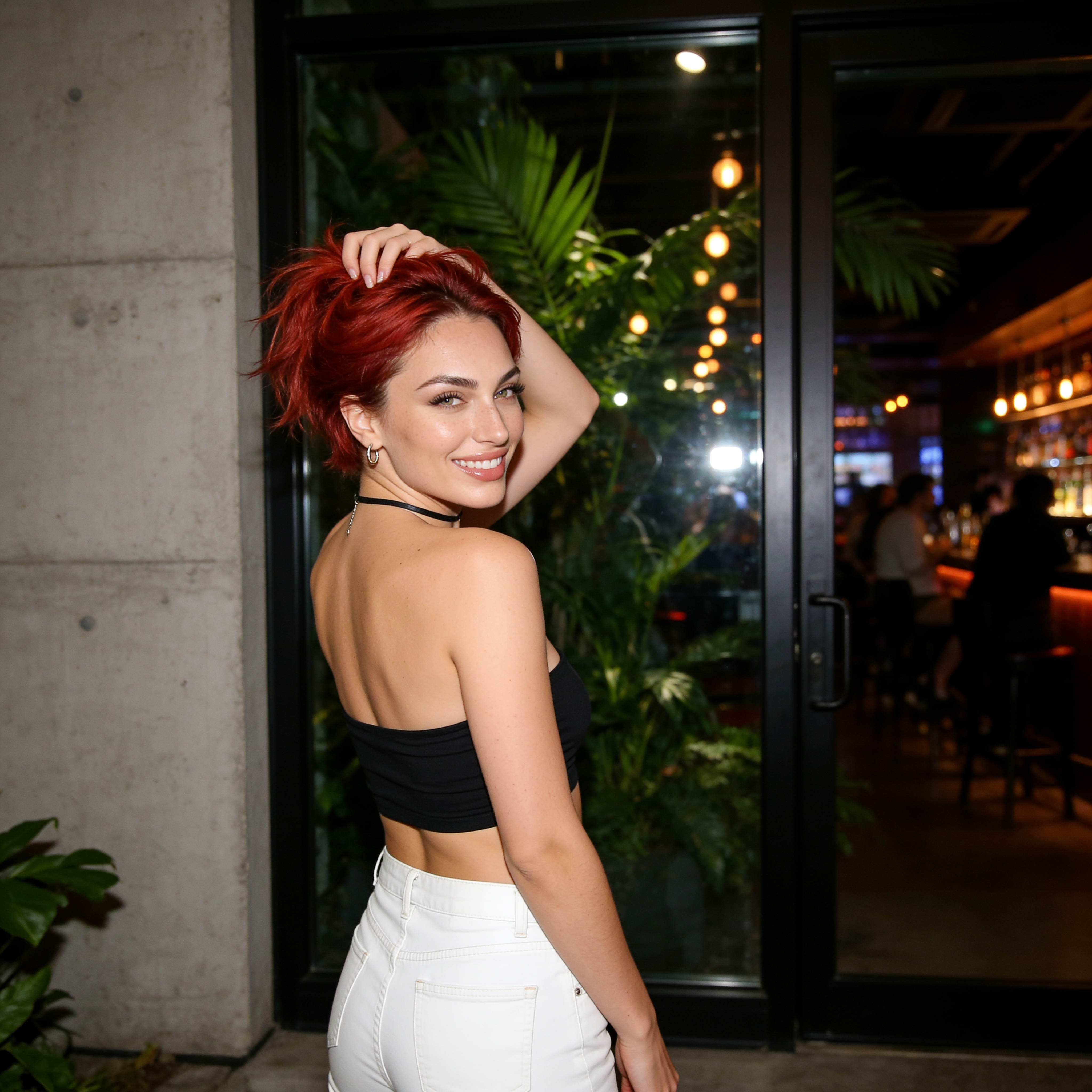 Woman Red Hair Strapless Top Plants Reflection