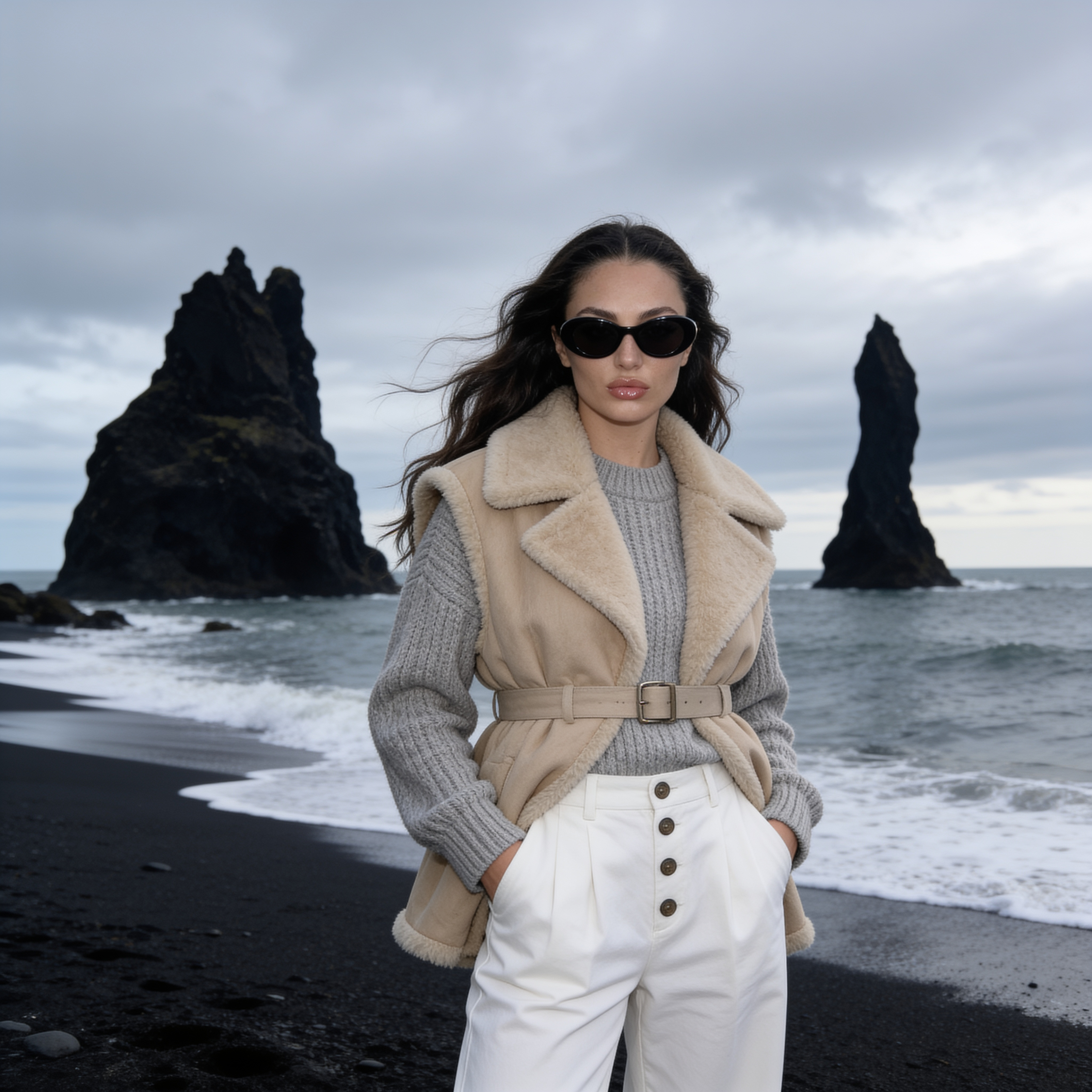 Black Sand Beach Fashion Portrait Shearling Vest