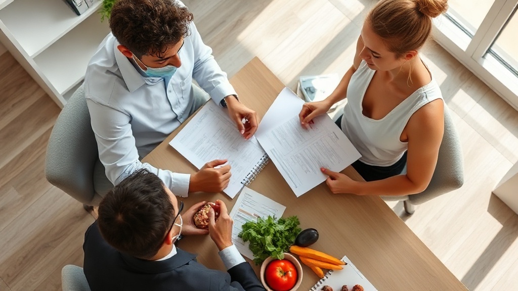 Professional nutritionist and personal trainer discussing meal plans with charts and healthy foods o