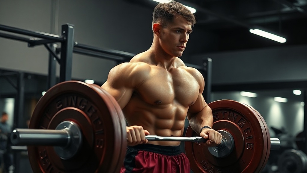 Muscular athlete performing heavy deadlifts in a professional gym, dramatic lighting, side angle sho