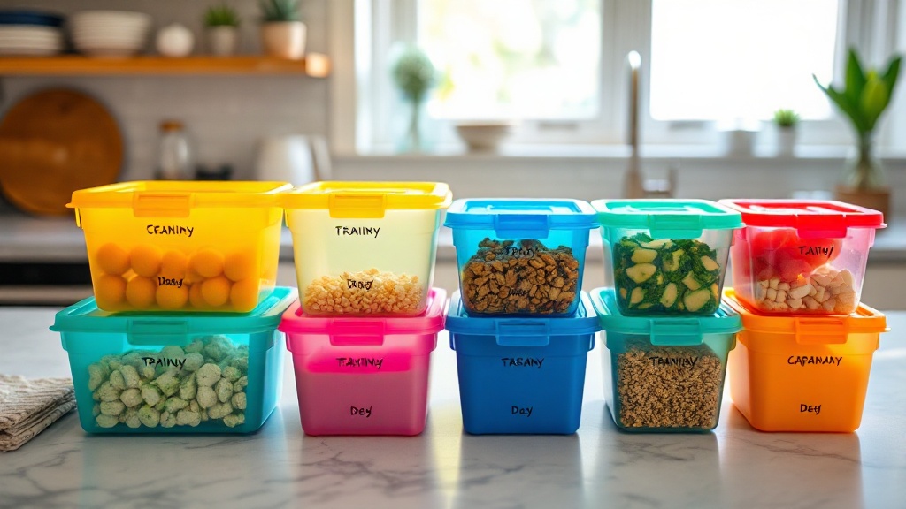 Colorful meal prep containers showing different carbohydrate portions for various training days, kit