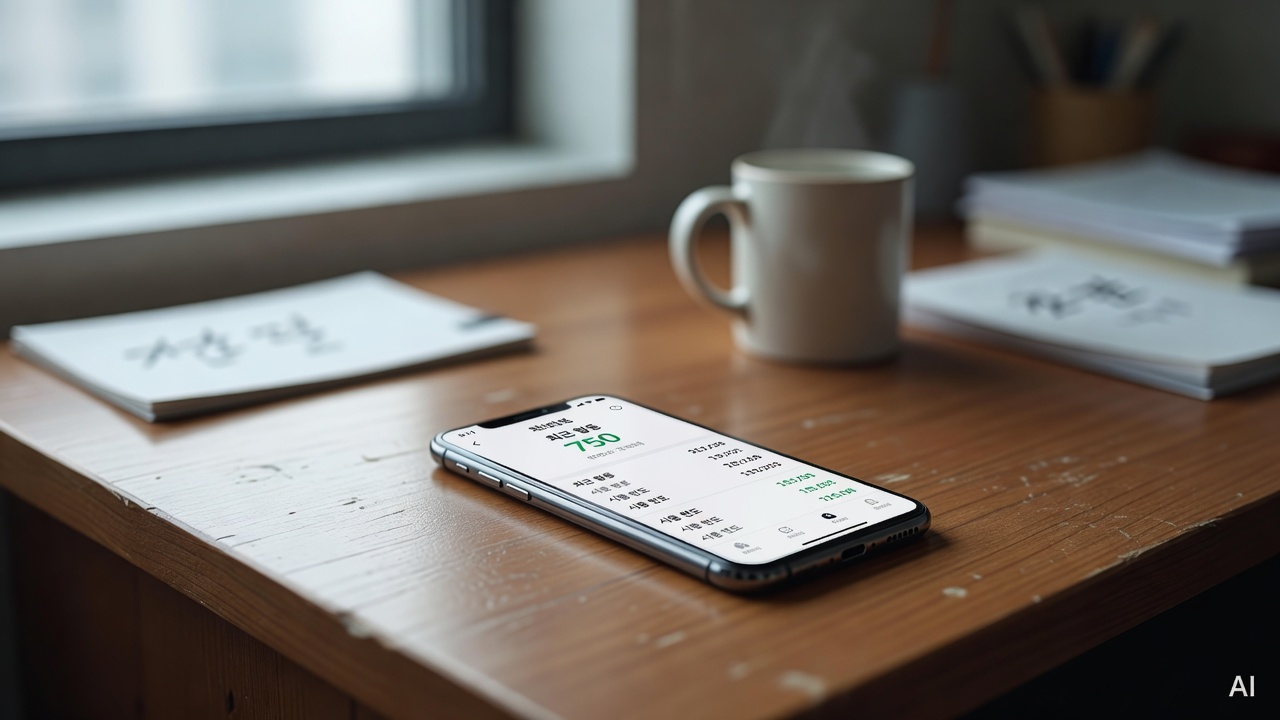 smartphone screen showing credit score app dashboard on a wooden desk