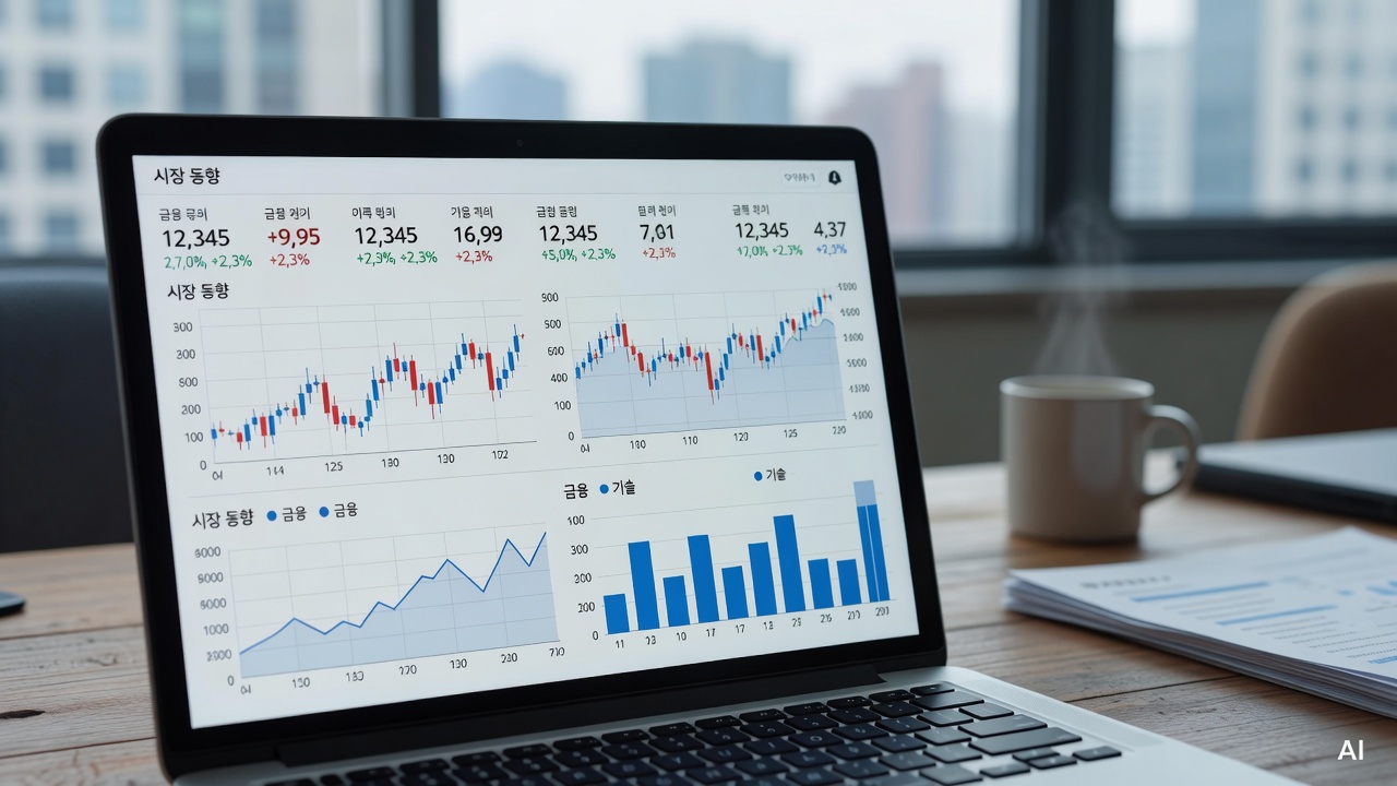 close-up of a laptop screen showing financial dashboard with numbers and graphs on a desk