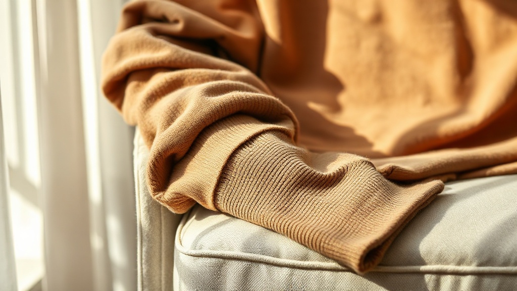 Camel cashmere hoodie folded over a linen armchair showing fine knit texture