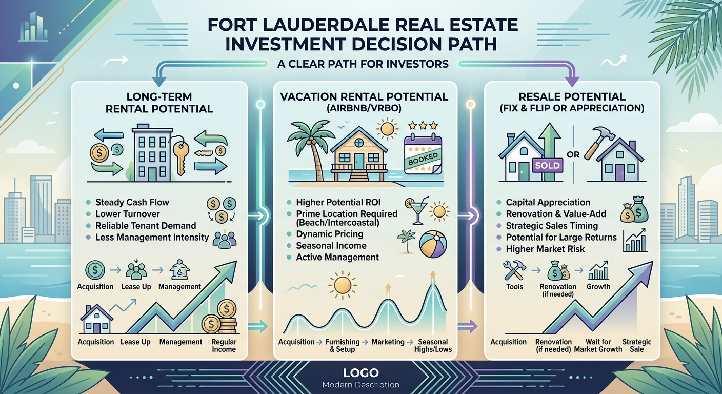 Modern infographic-style scene showing a Fort Lauderdale investment decision path with three clear visual lanes, long-term...