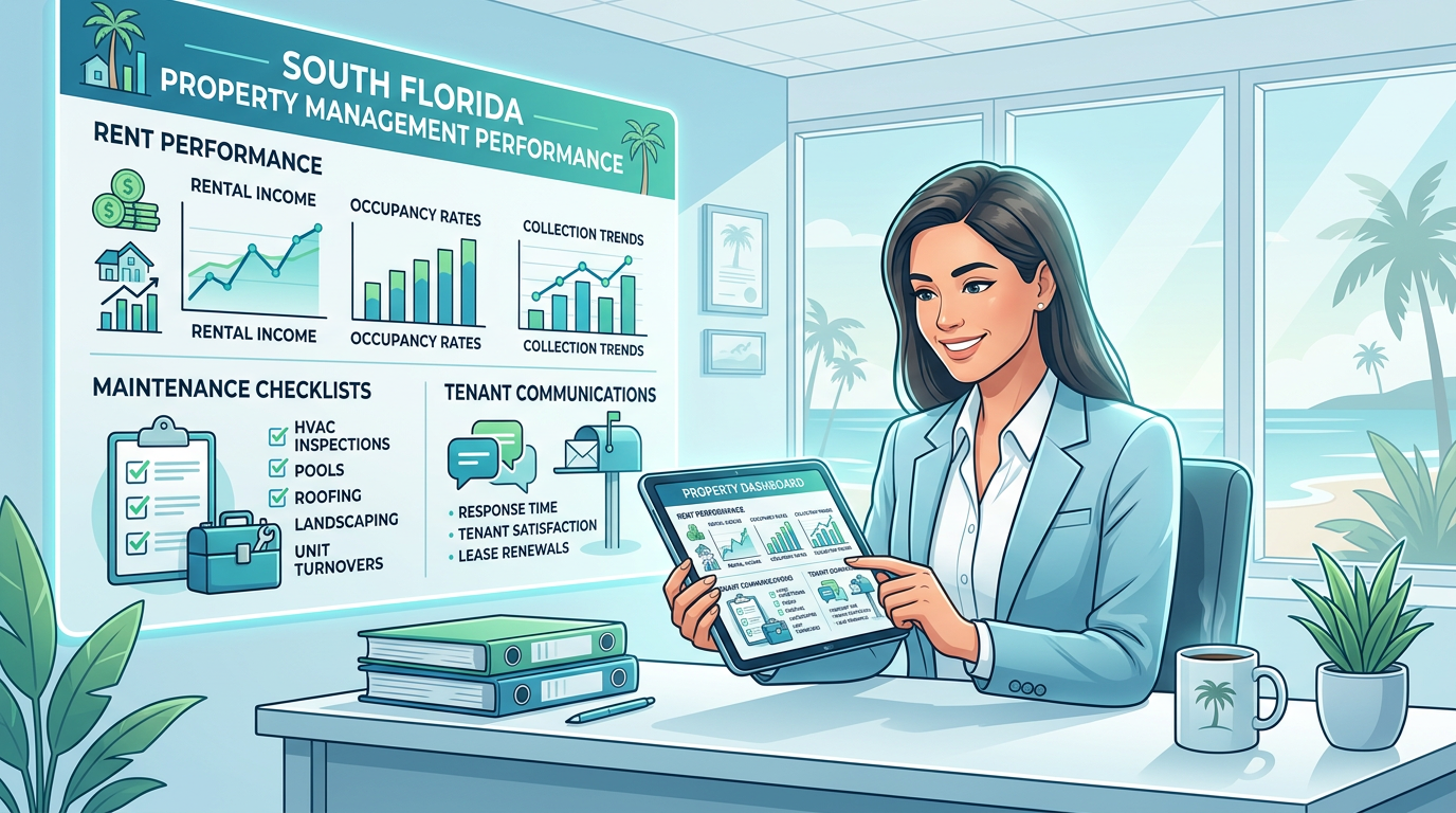 A modern, professional infographic-style scene showing a South Florida property manager reviewing rent performance, mainte...