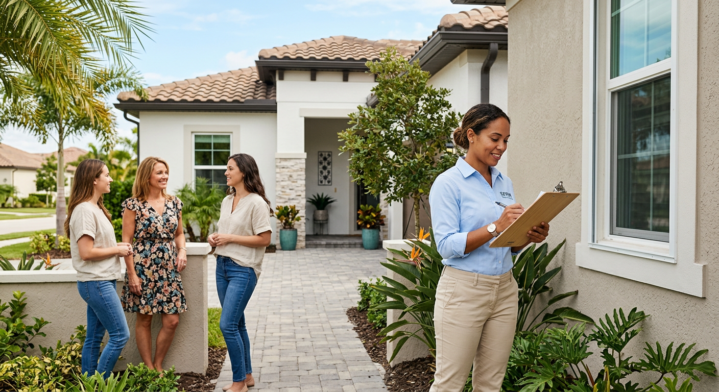 Modern editorial-style image of a South Florida property manager inspecting a single-family home with a clipboard while a ...