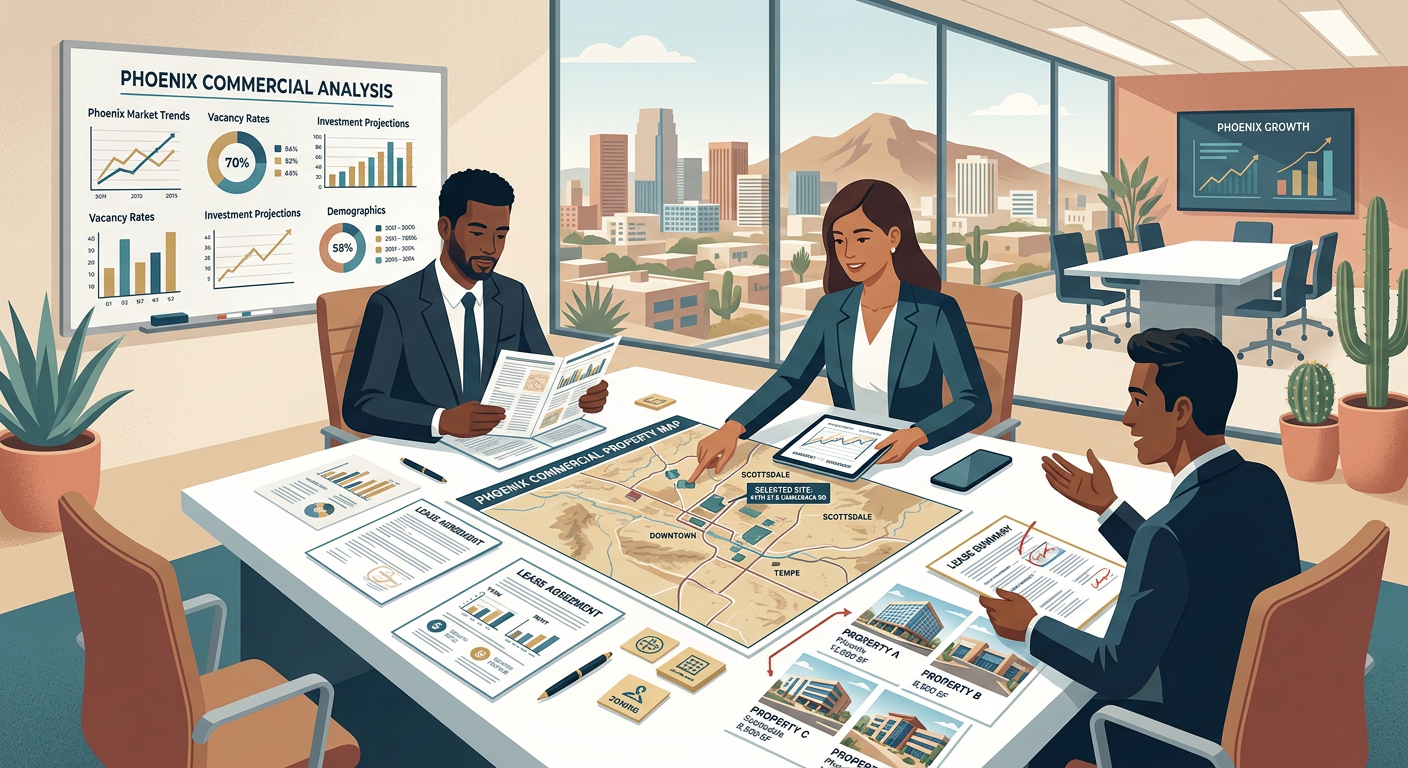 Phoenix Commercial Real Estate Brokers: What to Look For A modern, clean infographic-style illustration of a Phoenix commercial property analysis meeting, showing broker, investor...