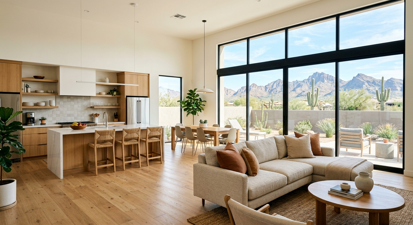 A clean, modern interior of a Phoenix home with bright natural light, open-concept kitchen, and a subtle view of desert mo...