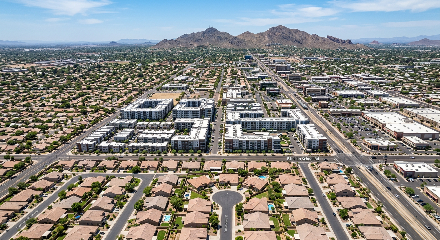 Is Phoenix Real Estate a Good Investment? 7 Things to Know Modern aerial view of Phoenix subdivisions transitioning into denser infill housing and nearby commercial corridors, clean...