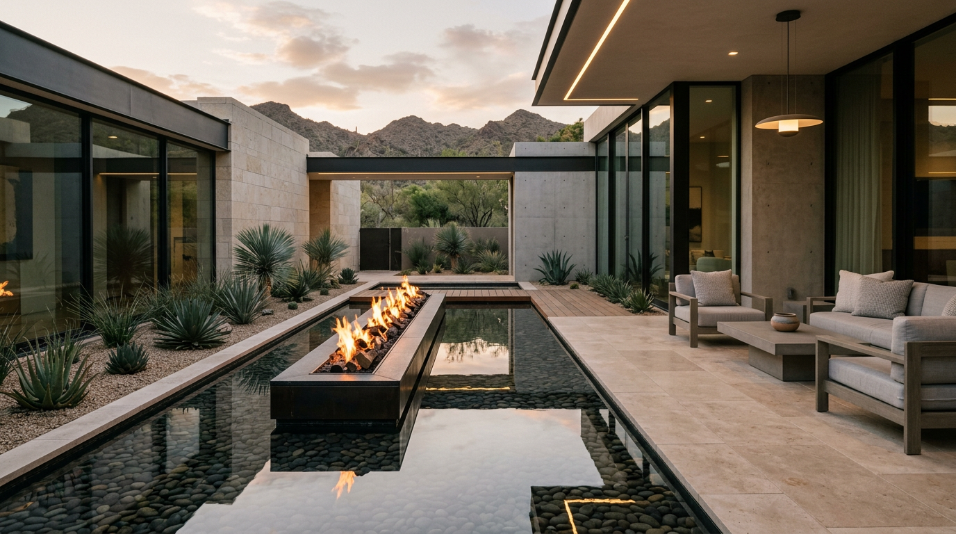 Backyard Fire and Water Feature Design for Luxury Outdoor Living Modern outdoor living area with a linear fire feature reflected in a shallow water basin, clean architectural lines, neutr...