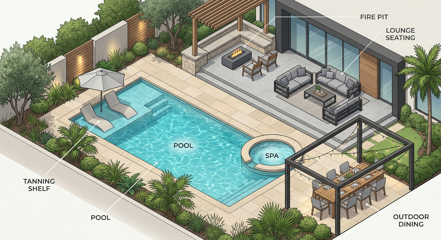Custom Pool and Spa Design Ideas for Luxury Backyards Modern isometric-style illustration of a luxury backyard layout with labeled zones for pool, spa, tanning shelf, fire pit,...