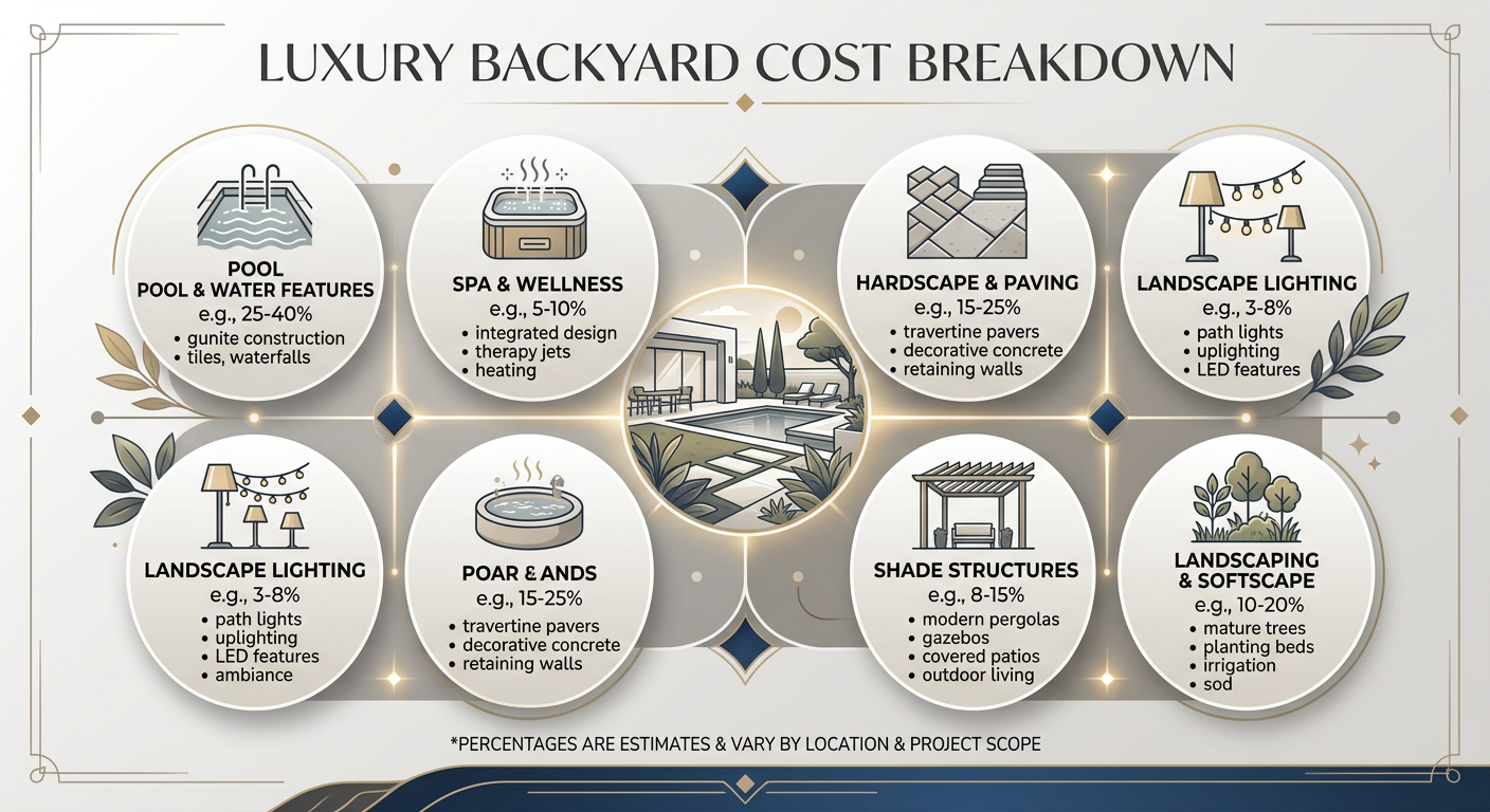 Modern infographic-style but still elegant visual showing a luxury backyard cost breakdown with clean icons for pool, spa,...