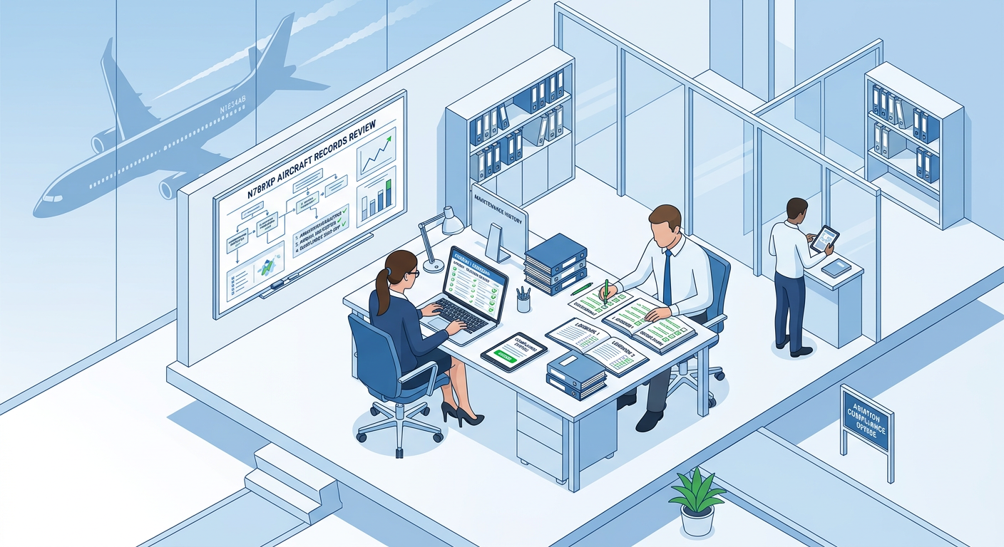 Isometric modern illustration of an aircraft records review process with logbooks, digital maintenance files, inspection c...