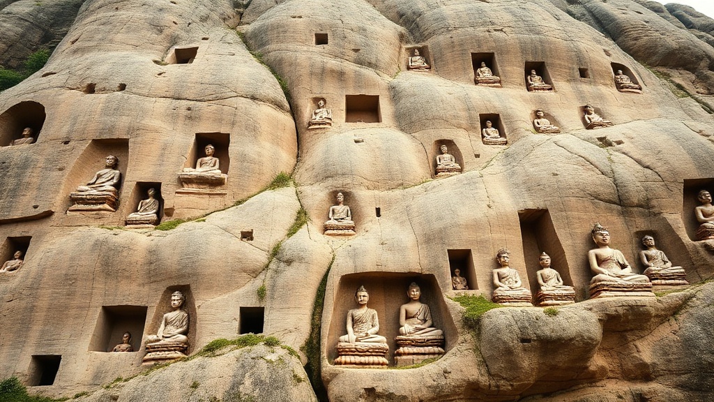 Grottes rupestres bouddhistes taillées dans la roche calcaire du site de Qixia Shan, Nanjing