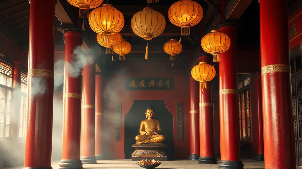Intérieur d'un hall bouddhiste Mahâyâna au Jiangsu, colonnes laquées rouge et statue de Shakyamuni