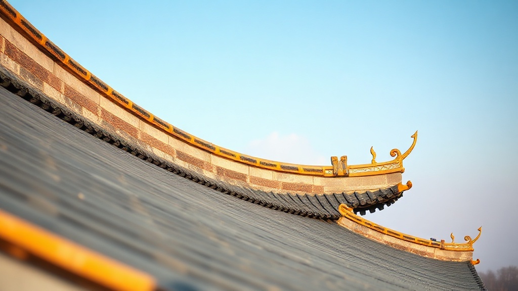 Détail des toitures courbes d'un temple bouddhiste du Jiangsu, tuiles vernissées et ornements en faïence