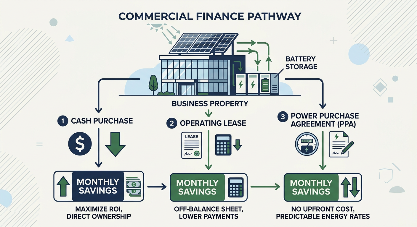 Independent Solar | Commercial Solar Financing Options for Business Owners A clean, modern illustration of a commercial finance pathway showing a business building, solar panels, battery storage, m...