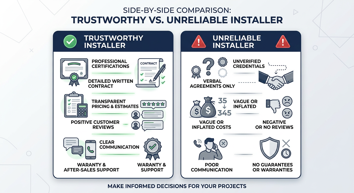 A clean modern infographic-style visual showing a side-by-side comparison of a trustworthy installer versus an unreliable ...