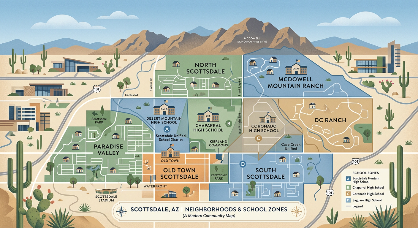 Modern illustrative map-style scene showing Scottsdale neighborhoods, school zones, and home icons layered over a desert s...